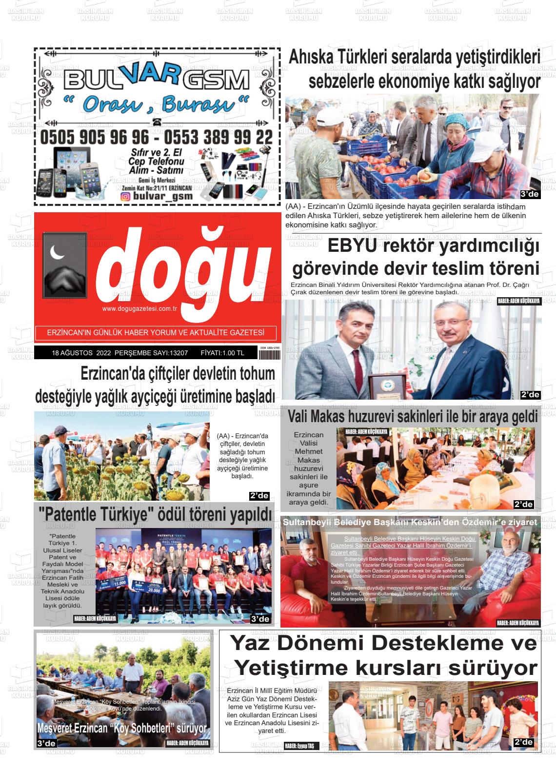 Erzincan Doğu Gazete Manşeti