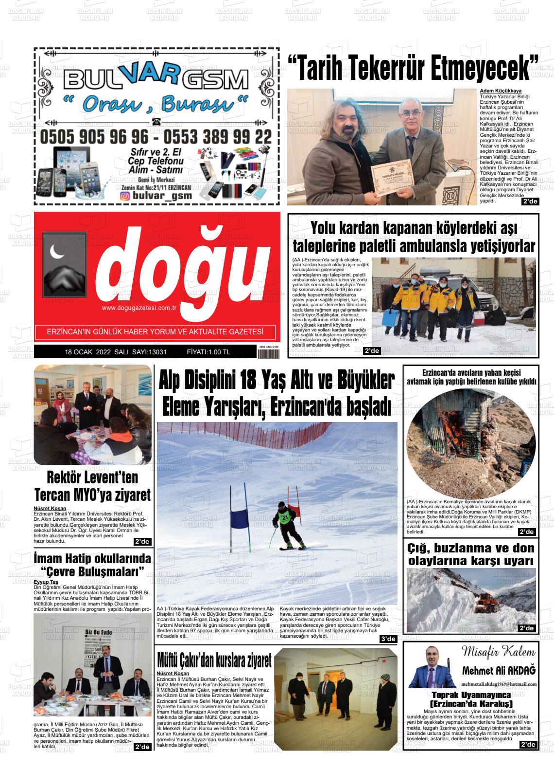 18 Ocak 2022 Erzincan Doğu Gazete Manşeti