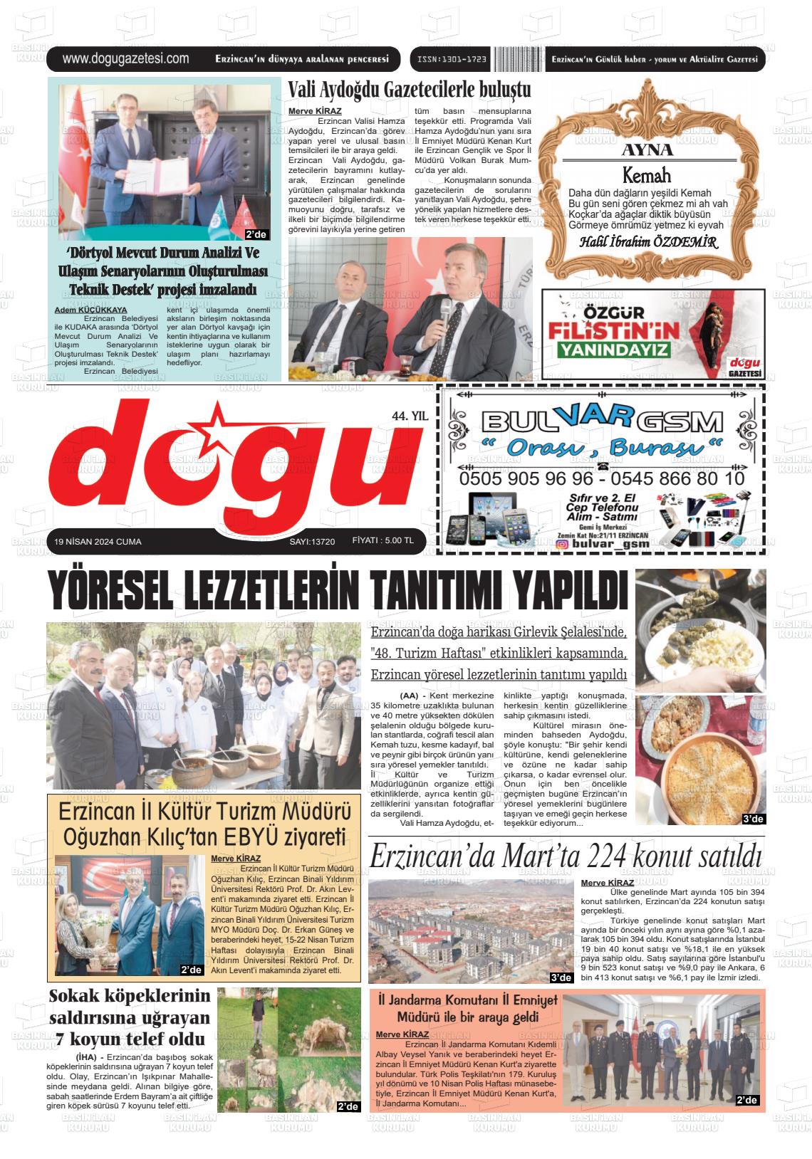19 Nisan 2024 Erzincan Doğu Gazete Manşeti