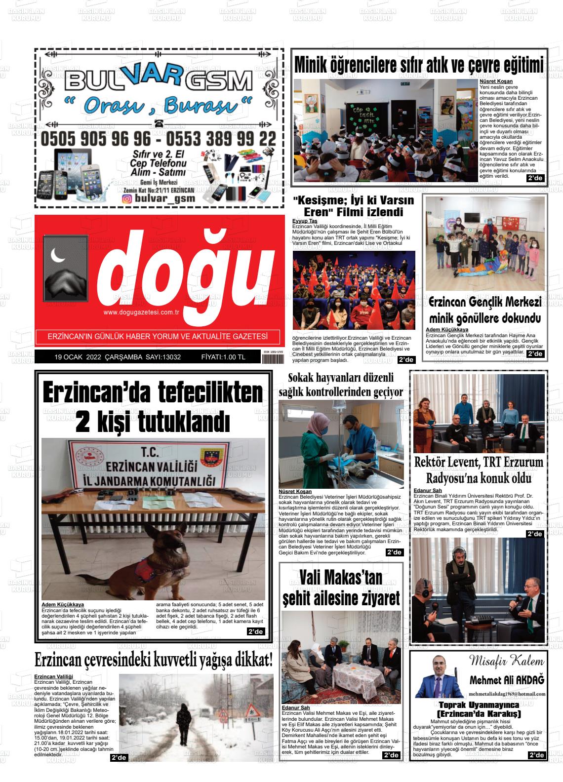 19 Ocak 2022 Erzincan Doğu Gazete Manşeti