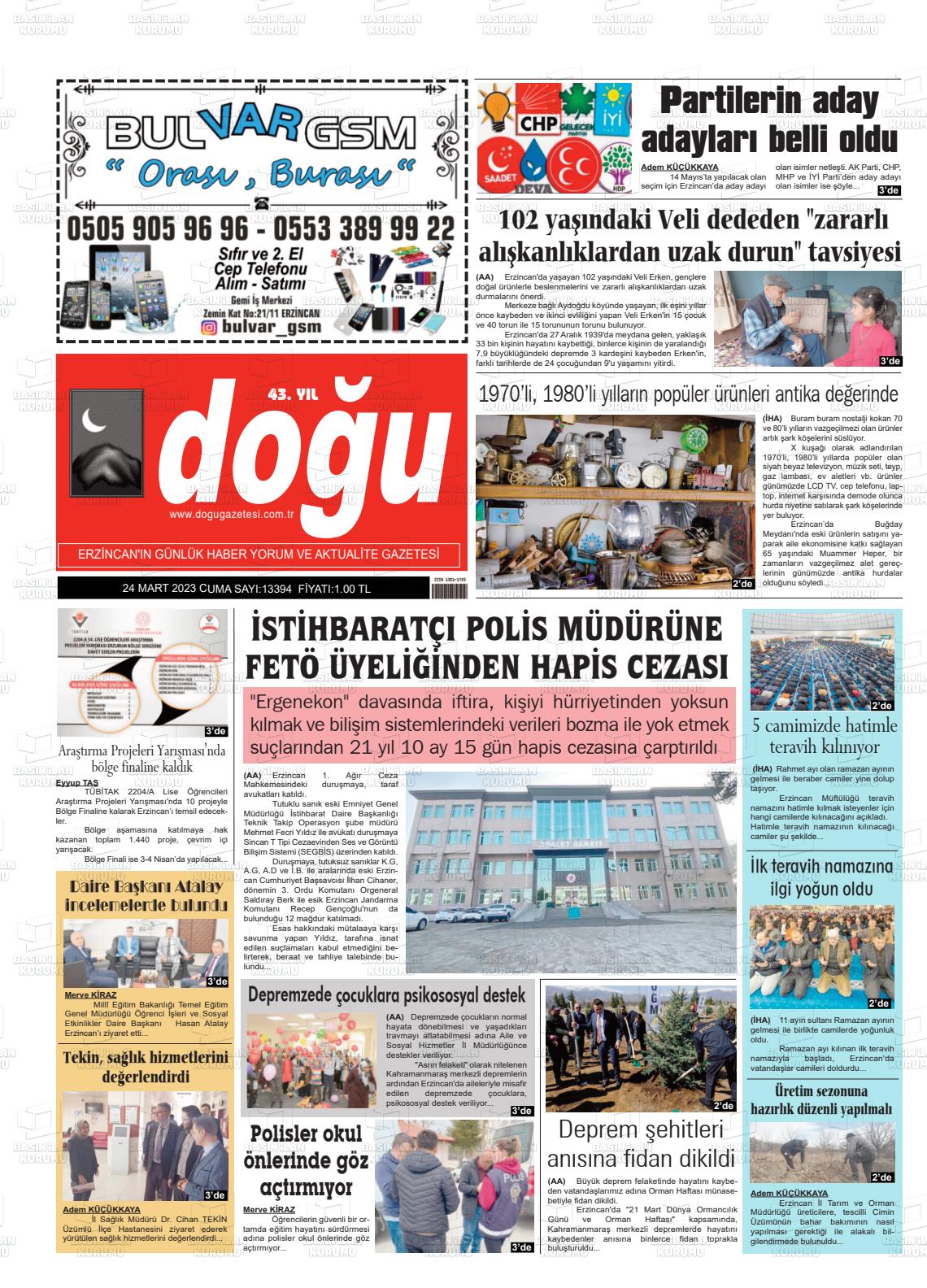 24 Mart 2023 Erzincan Doğu Gazete Manşeti