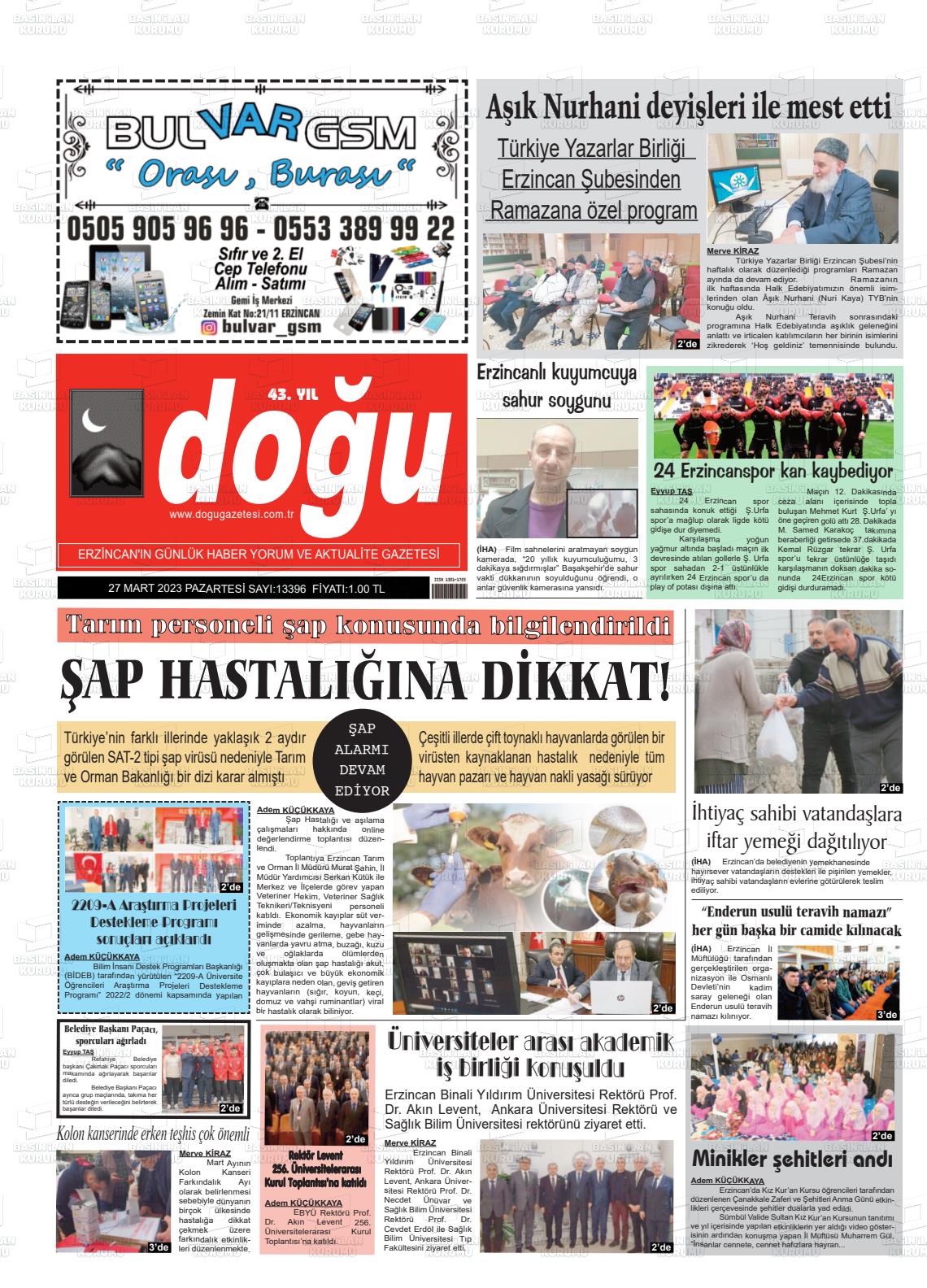 27 Mart 2023 Erzincan Doğu Gazete Manşeti