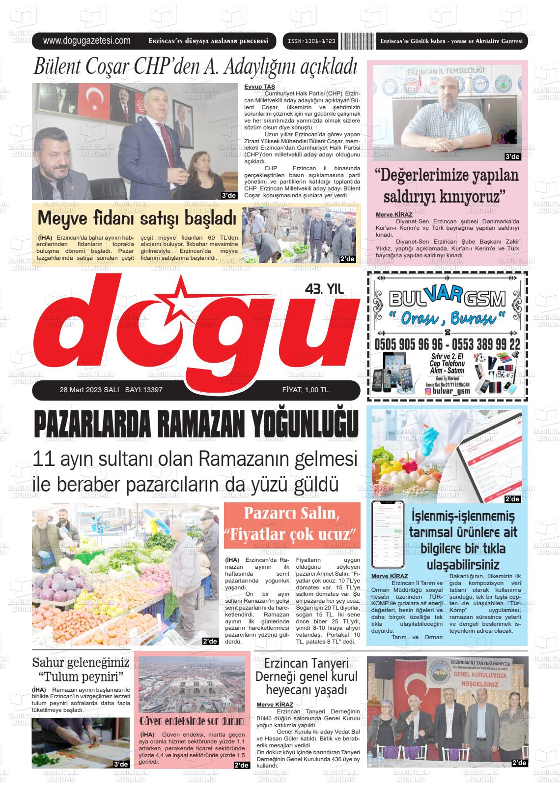 28 Mart 2023 Erzincan Doğu Gazete Manşeti