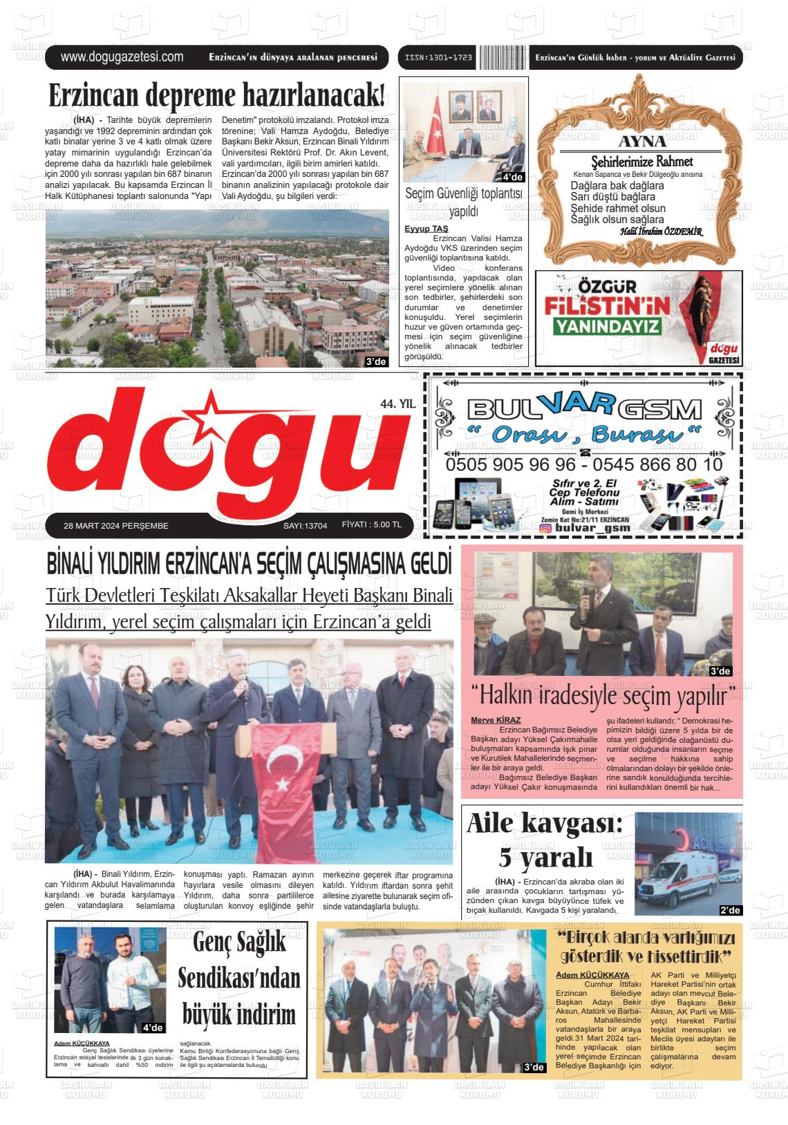28 Mart 2024 Erzincan Doğu Gazete Manşeti