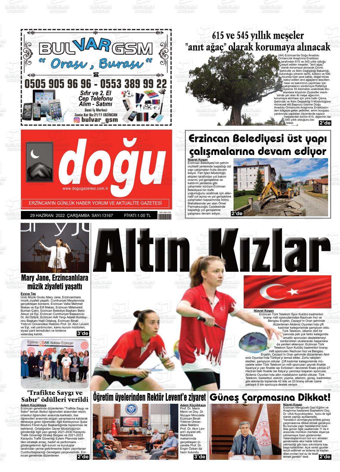 29 Haziran 2022 Erzincan Doğu Gazete Manşeti