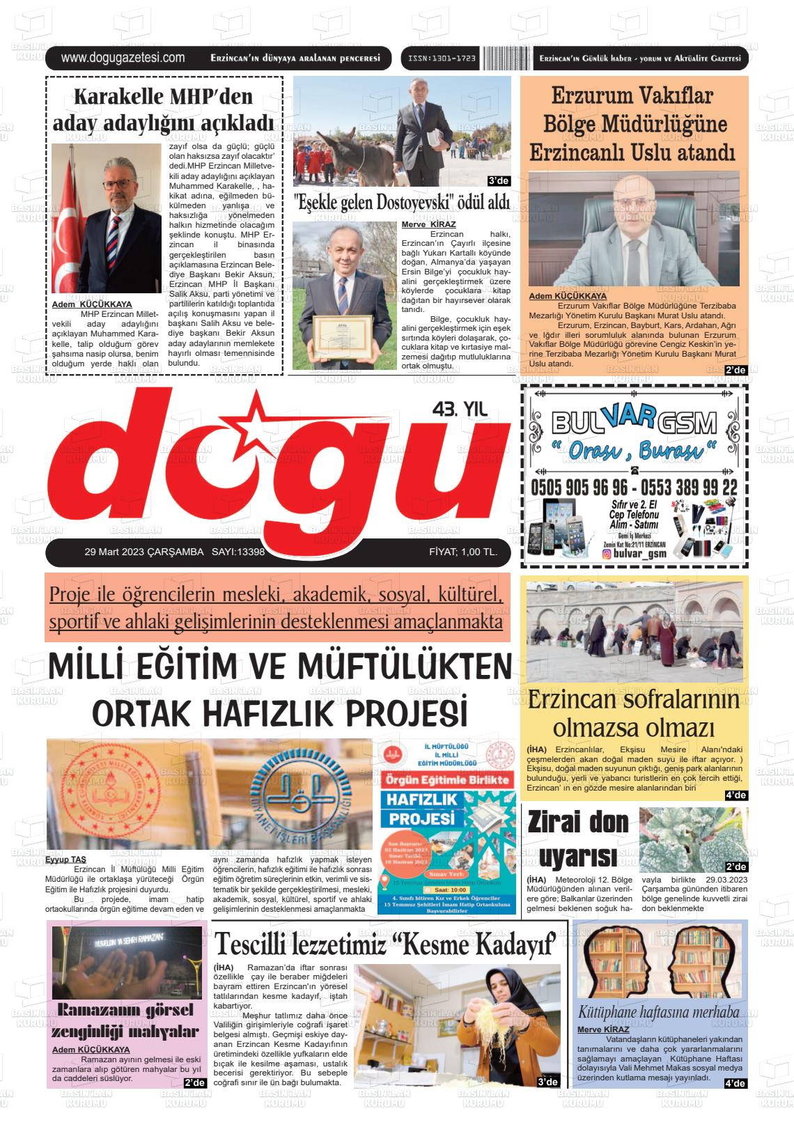 29 Mart 2023 Erzincan Doğu Gazete Manşeti