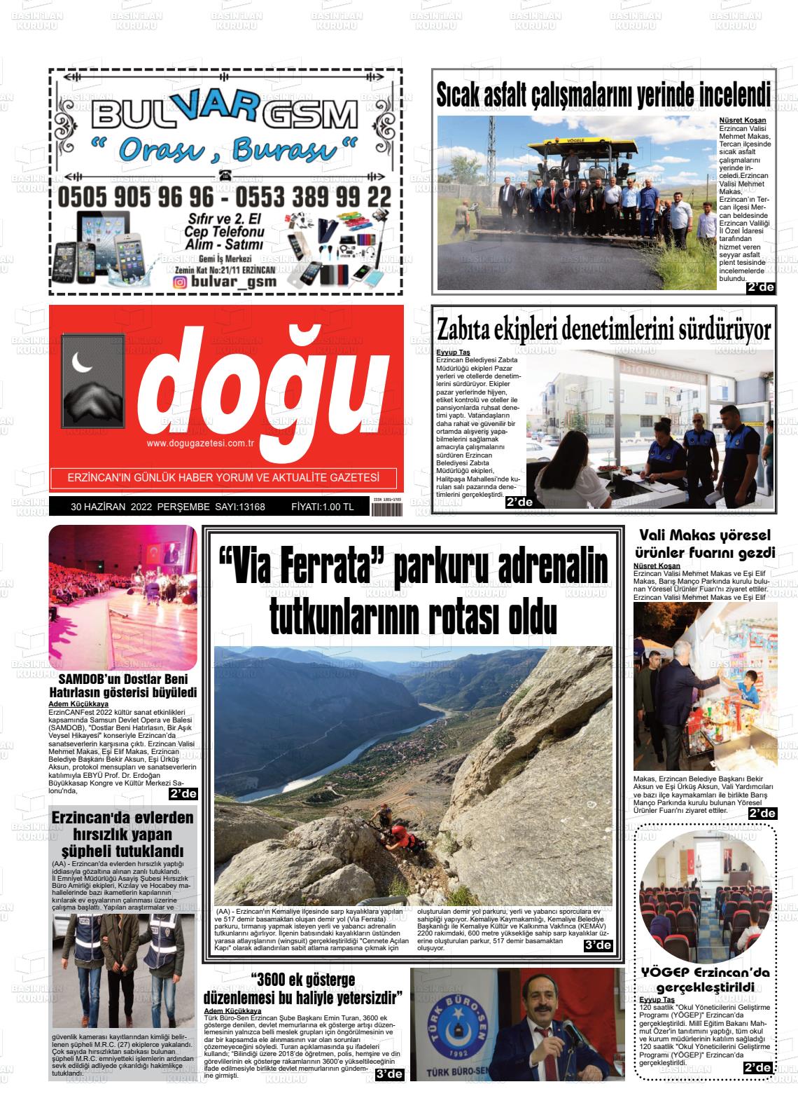30 Haziran 2022 Erzincan Doğu Gazete Manşeti