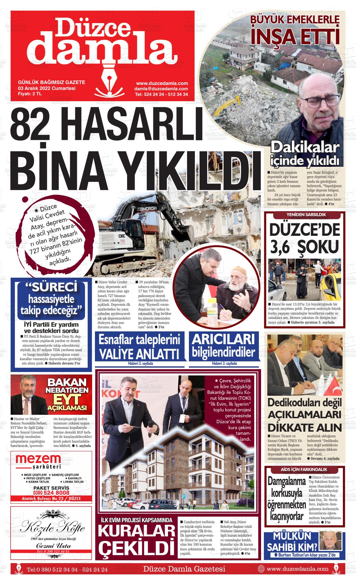 03 Aralık 2022 Düzce Damla Gazete Manşeti