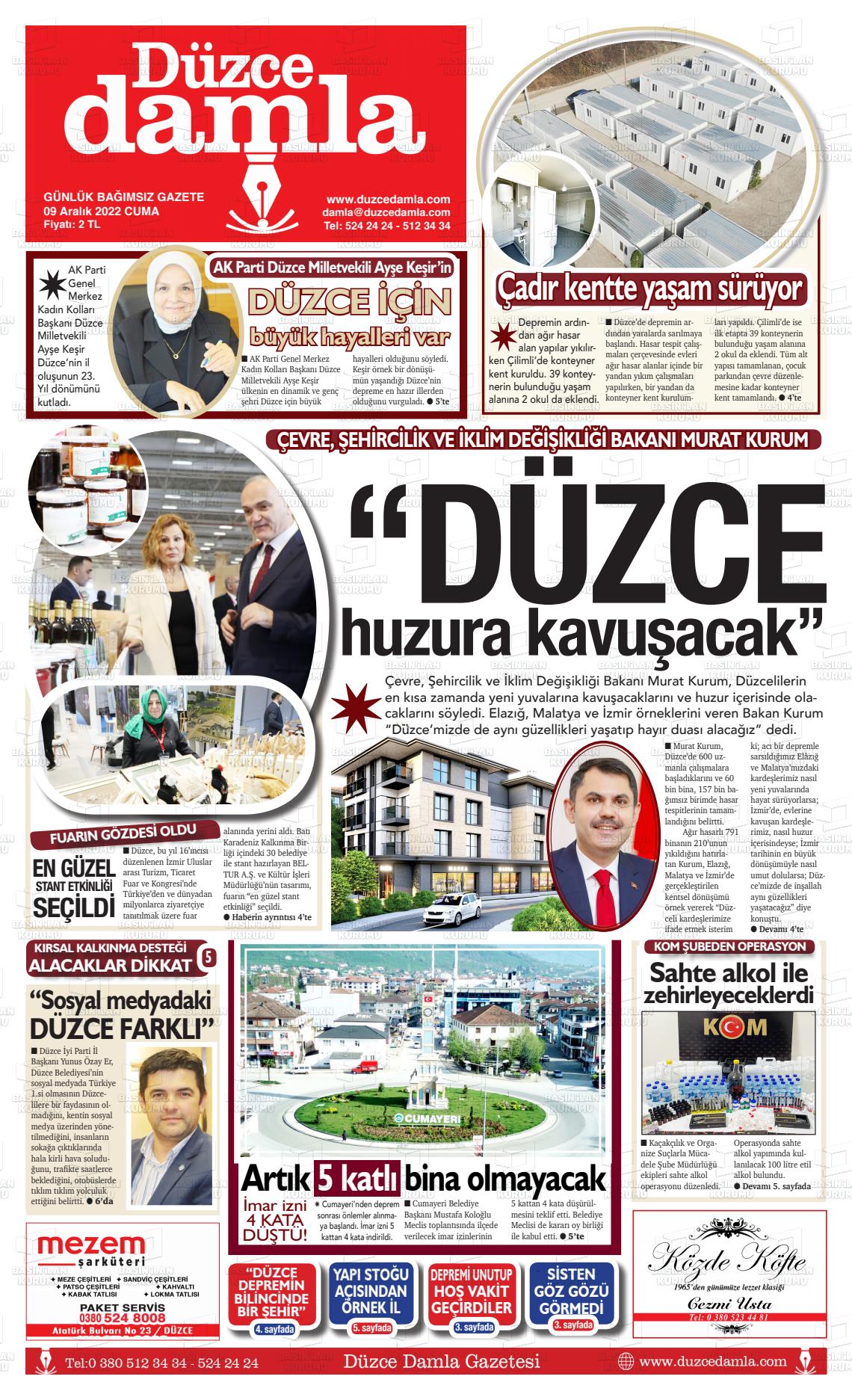 09 Aralık 2022 Düzce Damla Gazete Manşeti