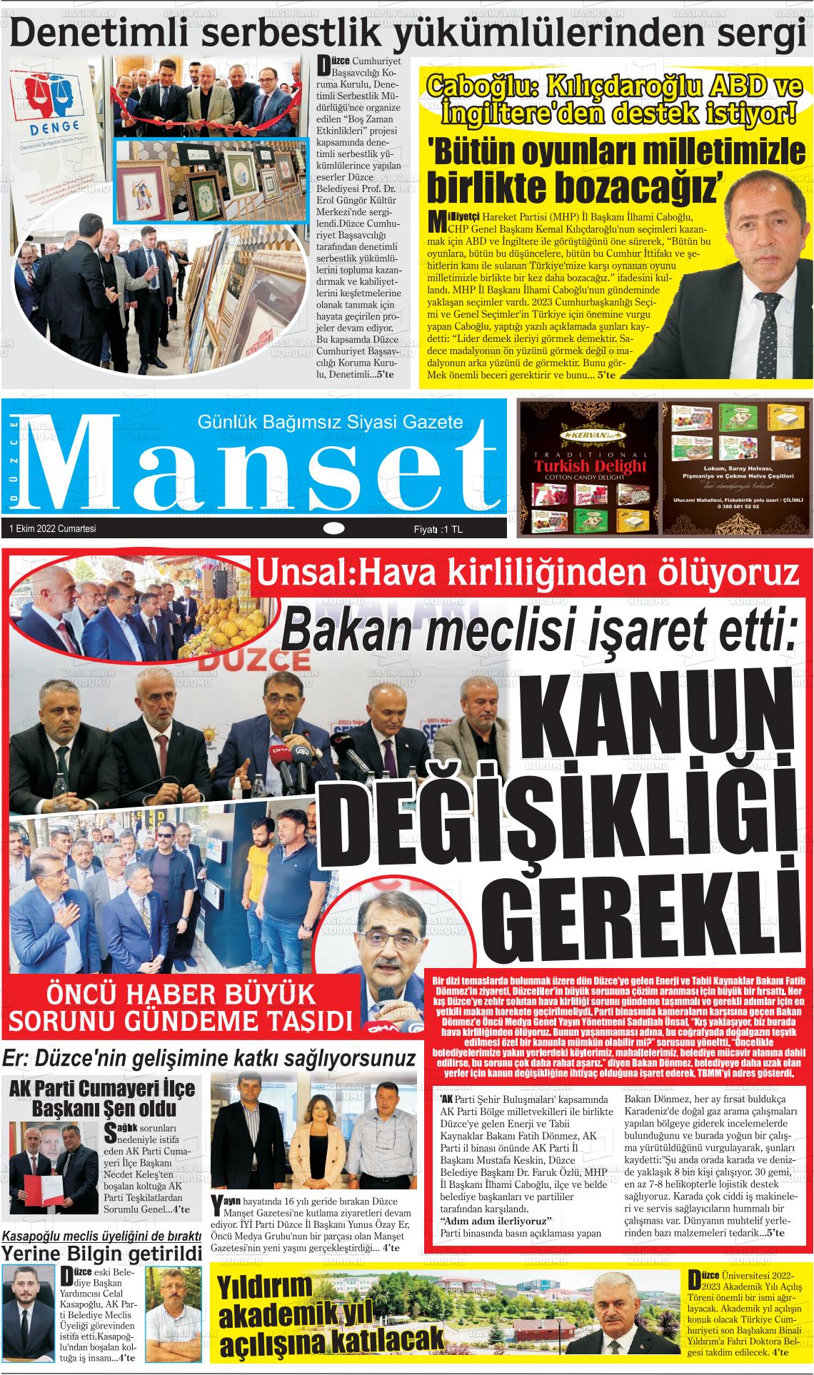01 Ekim 2022 Düzce Manşet Gazete Manşeti