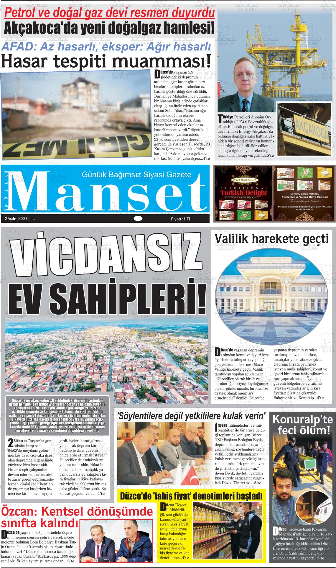 02 Aralık 2022 Düzce Manşet Gazete Manşeti