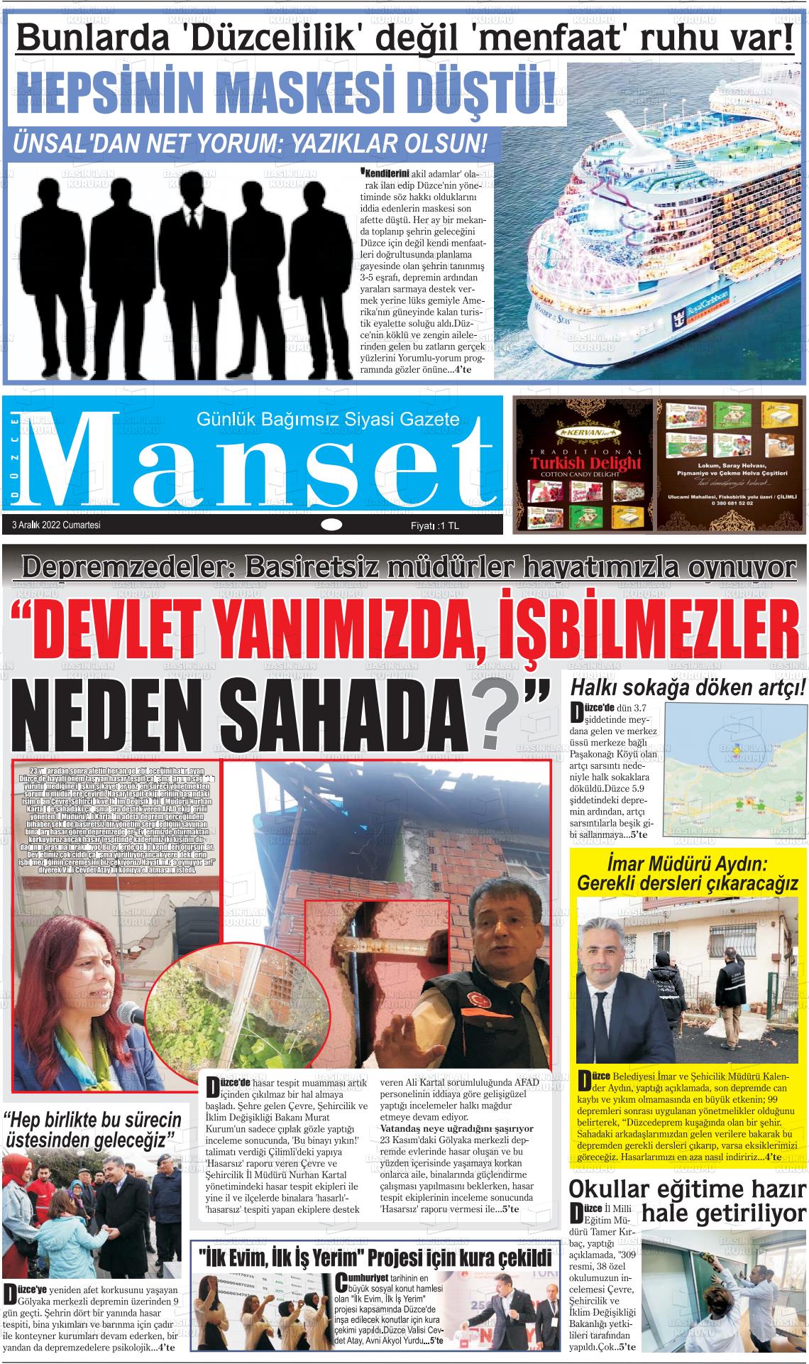 03 Aralık 2022 Düzce Manşet Gazete Manşeti