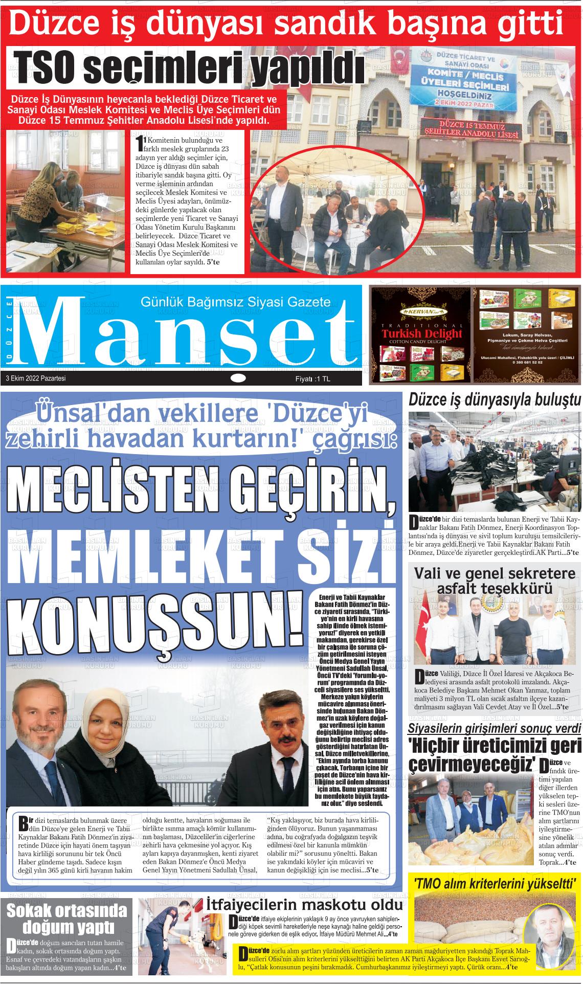 03 Ekim 2022 Düzce Manşet Gazete Manşeti