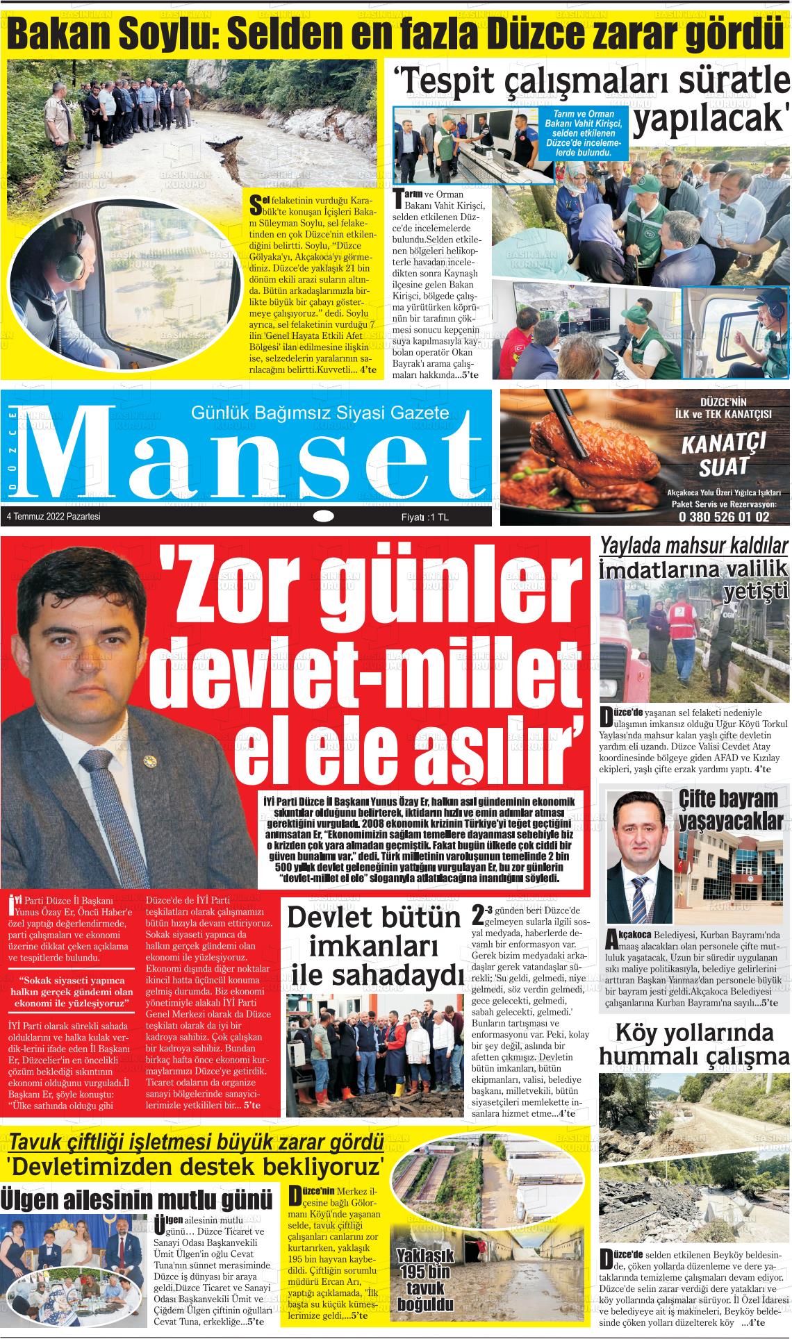 04 Temmuz 2022 Düzce Manşet Gazete Manşeti