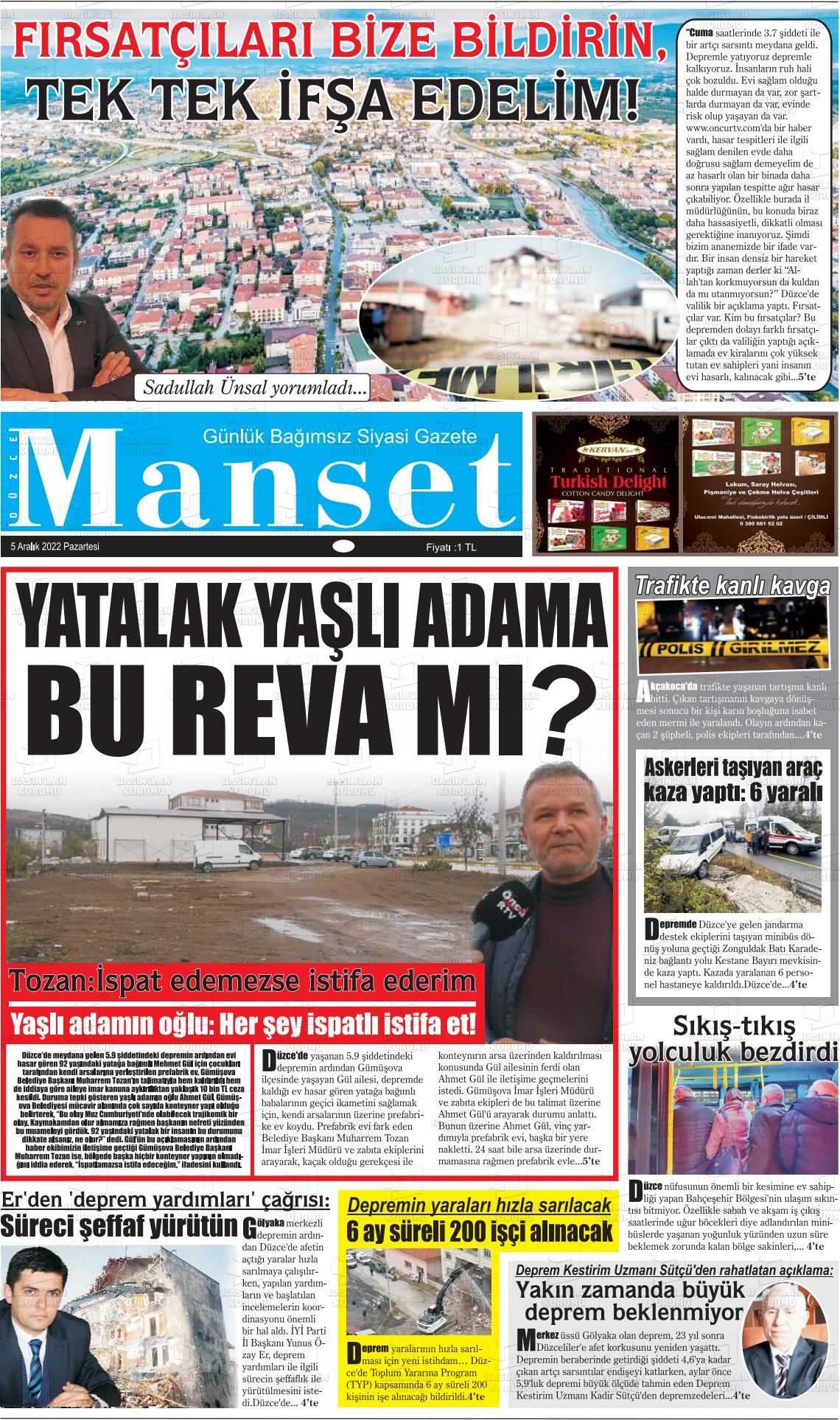 05 Aralık 2022 Düzce Manşet Gazete Manşeti