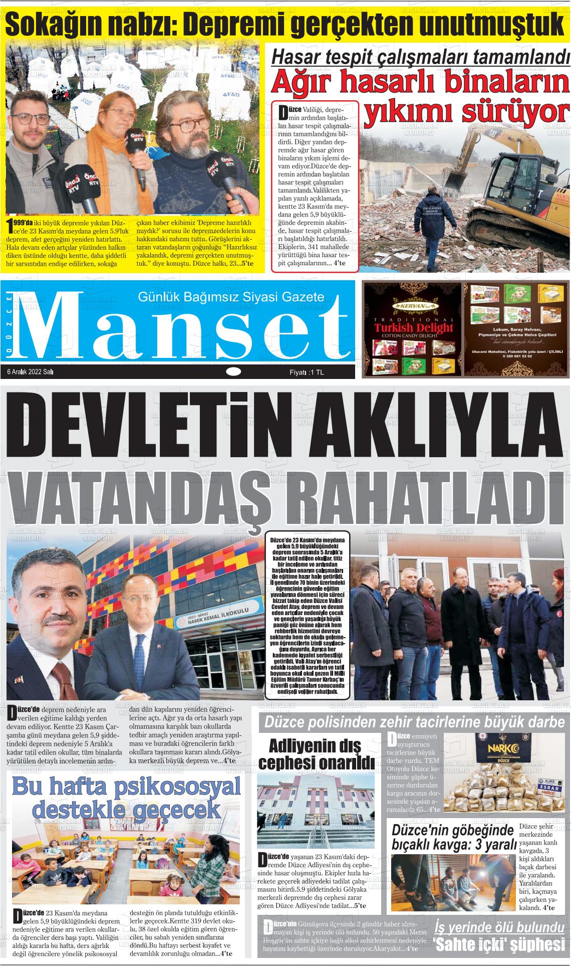 06 Aralık 2022 Düzce Manşet Gazete Manşeti
