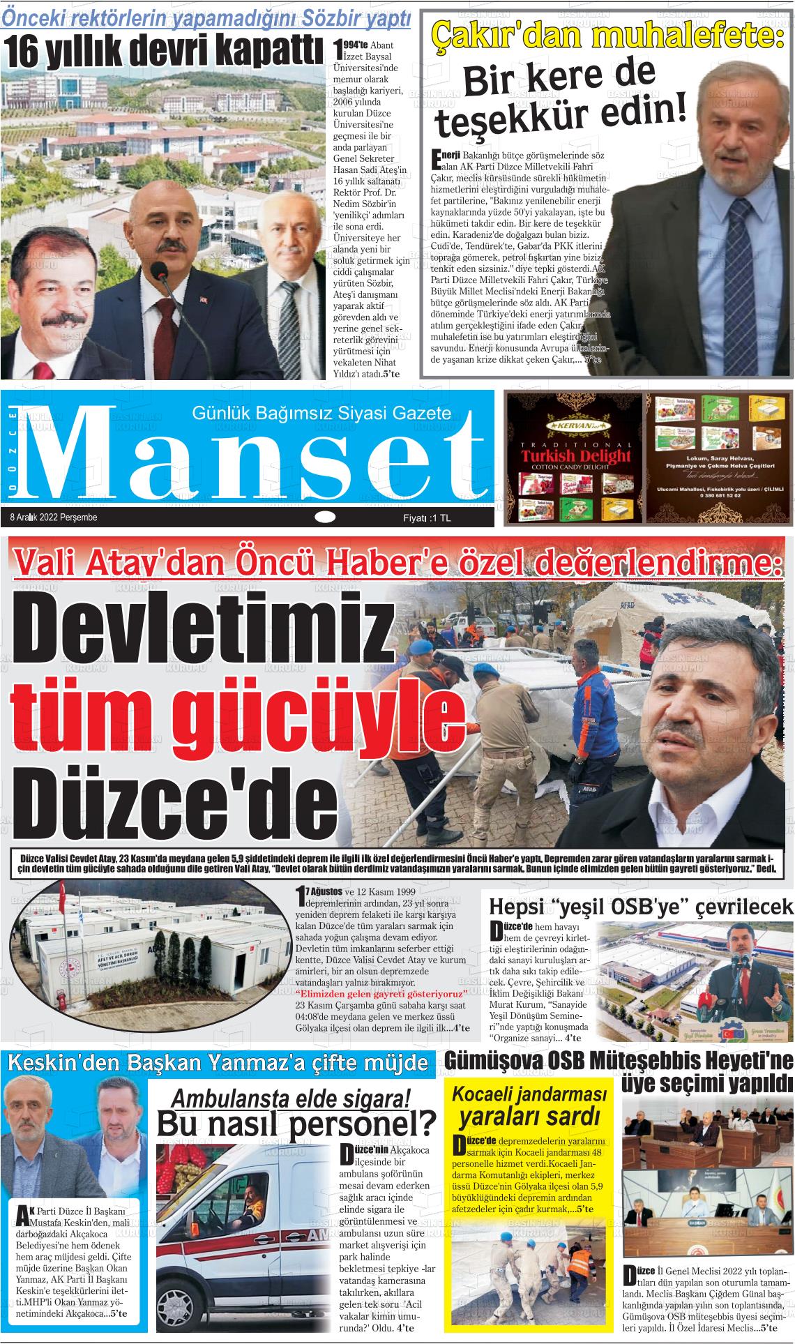 08 Aralık 2022 Düzce Manşet Gazete Manşeti