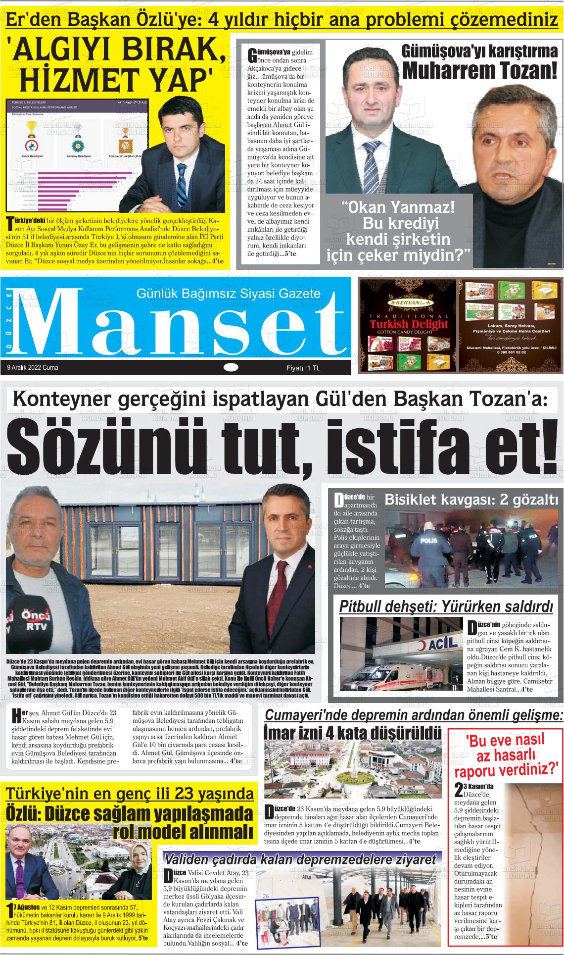 09 Aralık 2022 Düzce Manşet Gazete Manşeti