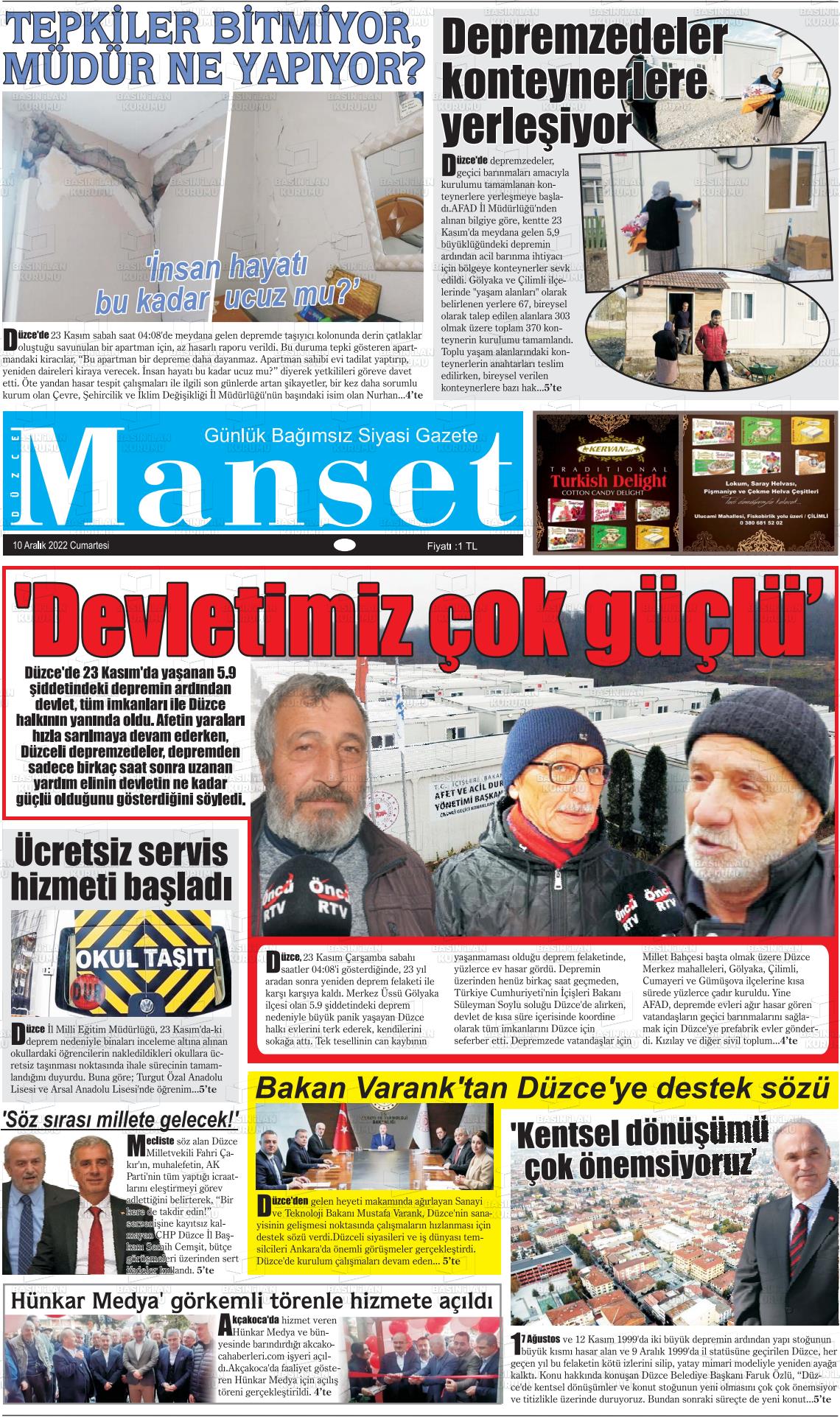 10 Aralık 2022 Düzce Manşet Gazete Manşeti