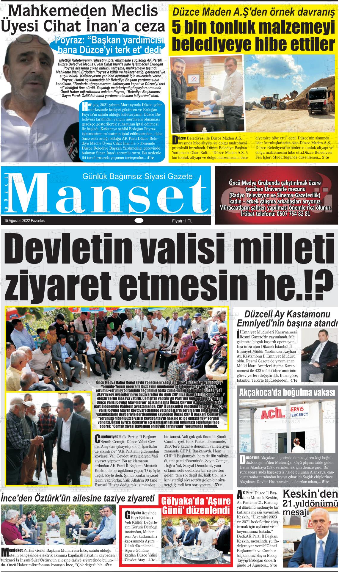 15 Ağustos 2022 Düzce Manşet Gazete Manşeti
