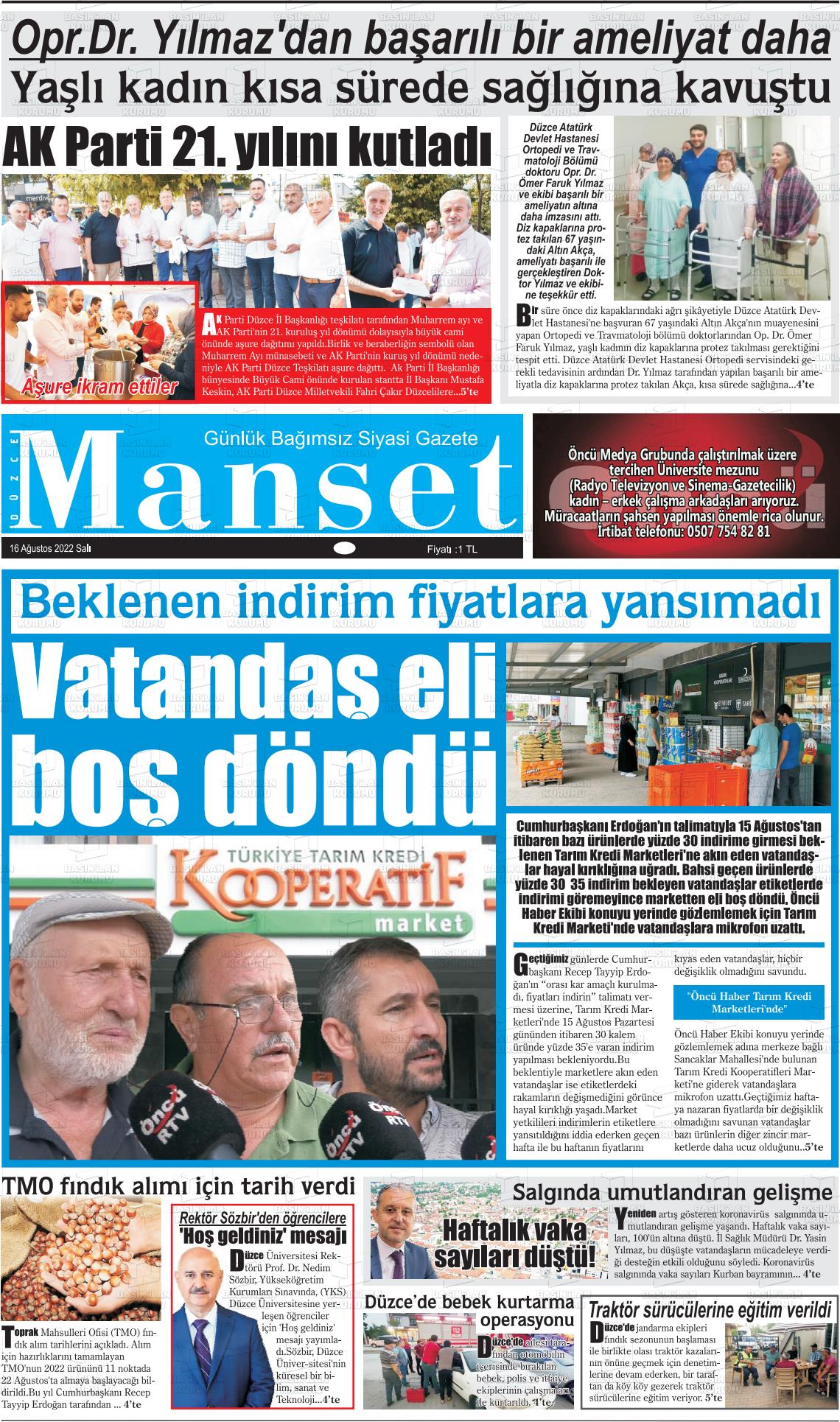 16 Ağustos 2022 Düzce Manşet Gazete Manşeti