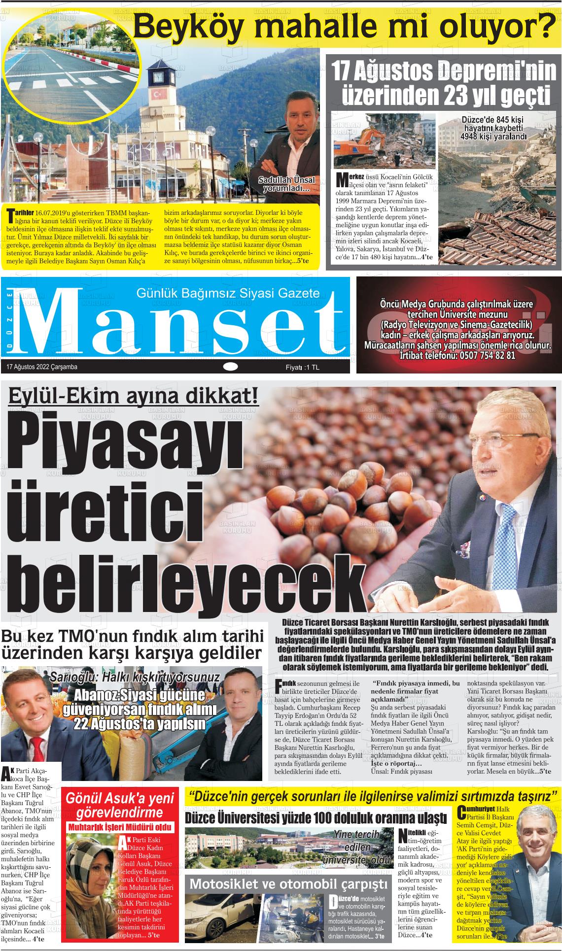 17 Ağustos 2022 Düzce Manşet Gazete Manşeti