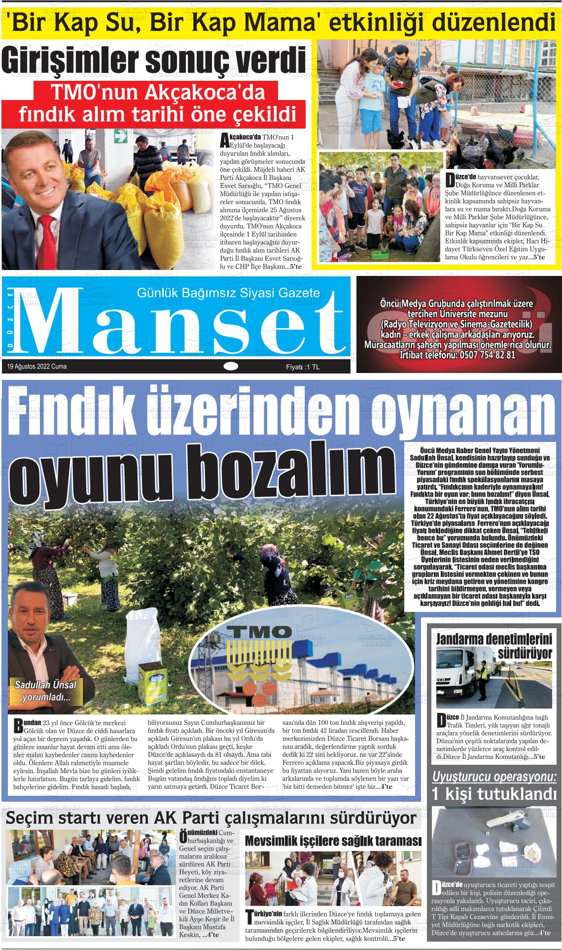 19 Ağustos 2022 Düzce Manşet Gazete Manşeti
