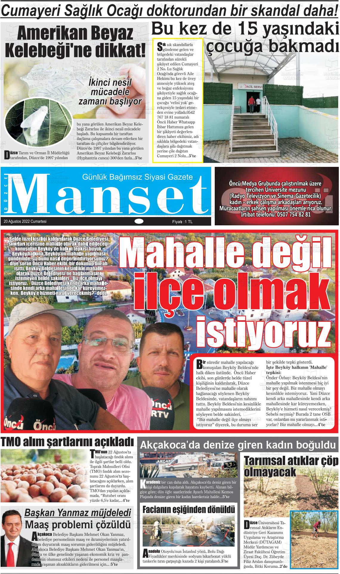 20 Ağustos 2022 Düzce Manşet Gazete Manşeti