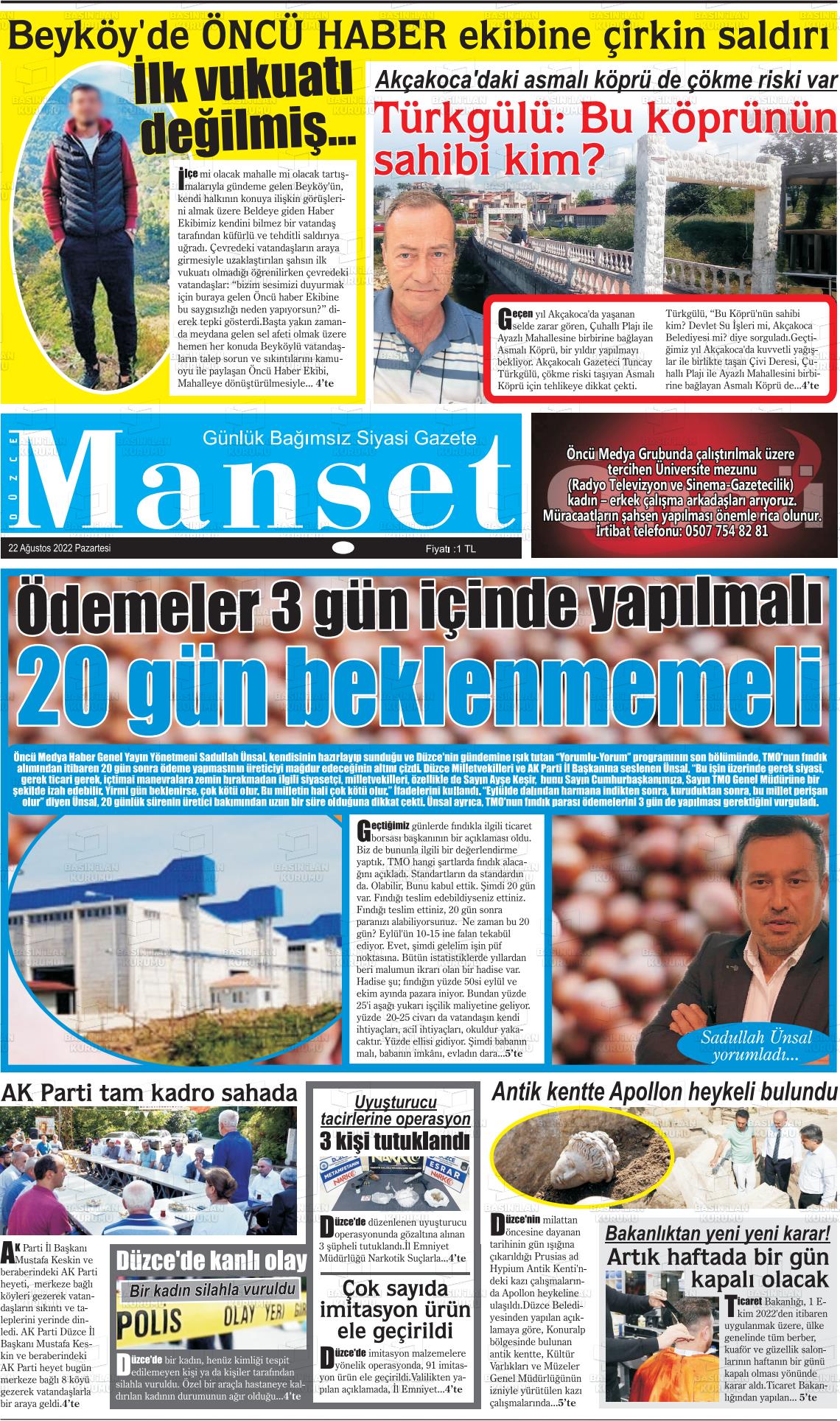 22 Ağustos 2022 Düzce Manşet Gazete Manşeti