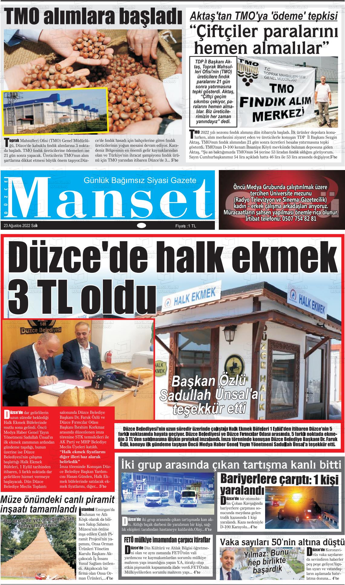 23 Ağustos 2022 Düzce Manşet Gazete Manşeti