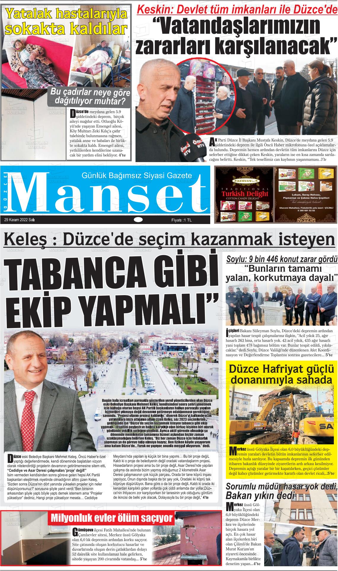 29 Kasım 2022 Düzce Manşet Gazete Manşeti