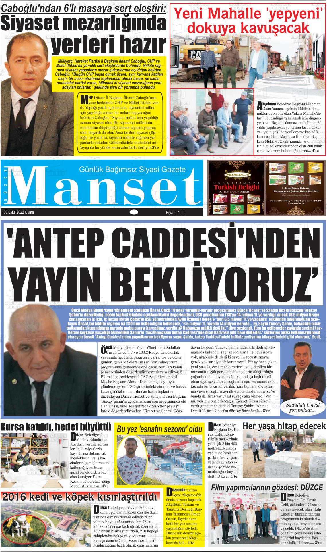 30 Eylül 2022 Düzce Manşet Gazete Manşeti
