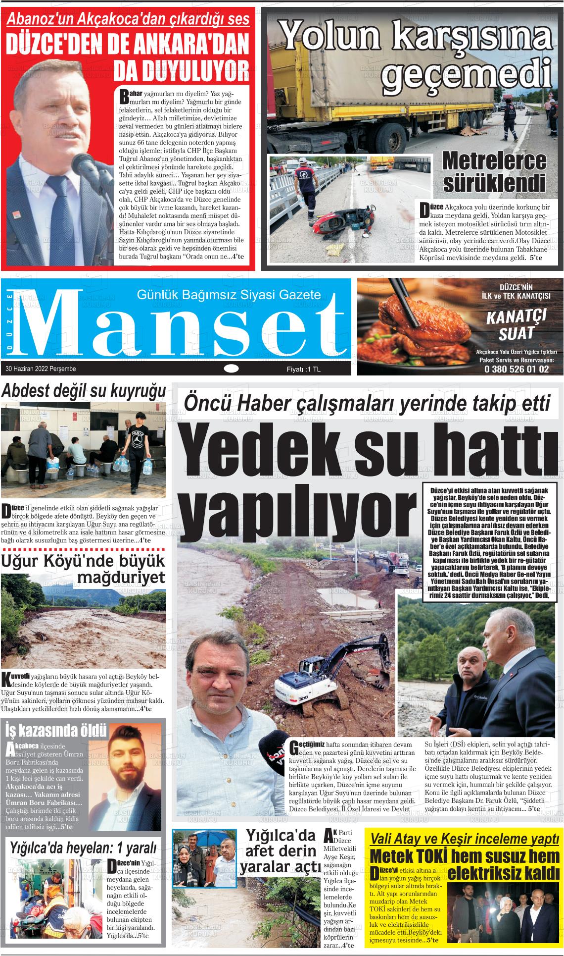 01 Temmuz 2022 Düzce Manşet Gazete Manşeti