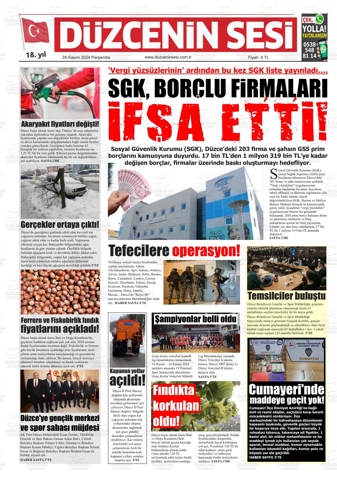 18 Ocak 2025 Düzcenin Sesi Gazete Manşeti