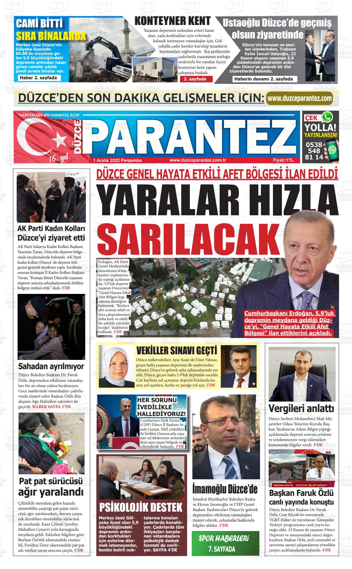 01 Aralık 2022 Düzce Parantez Gazete Manşeti