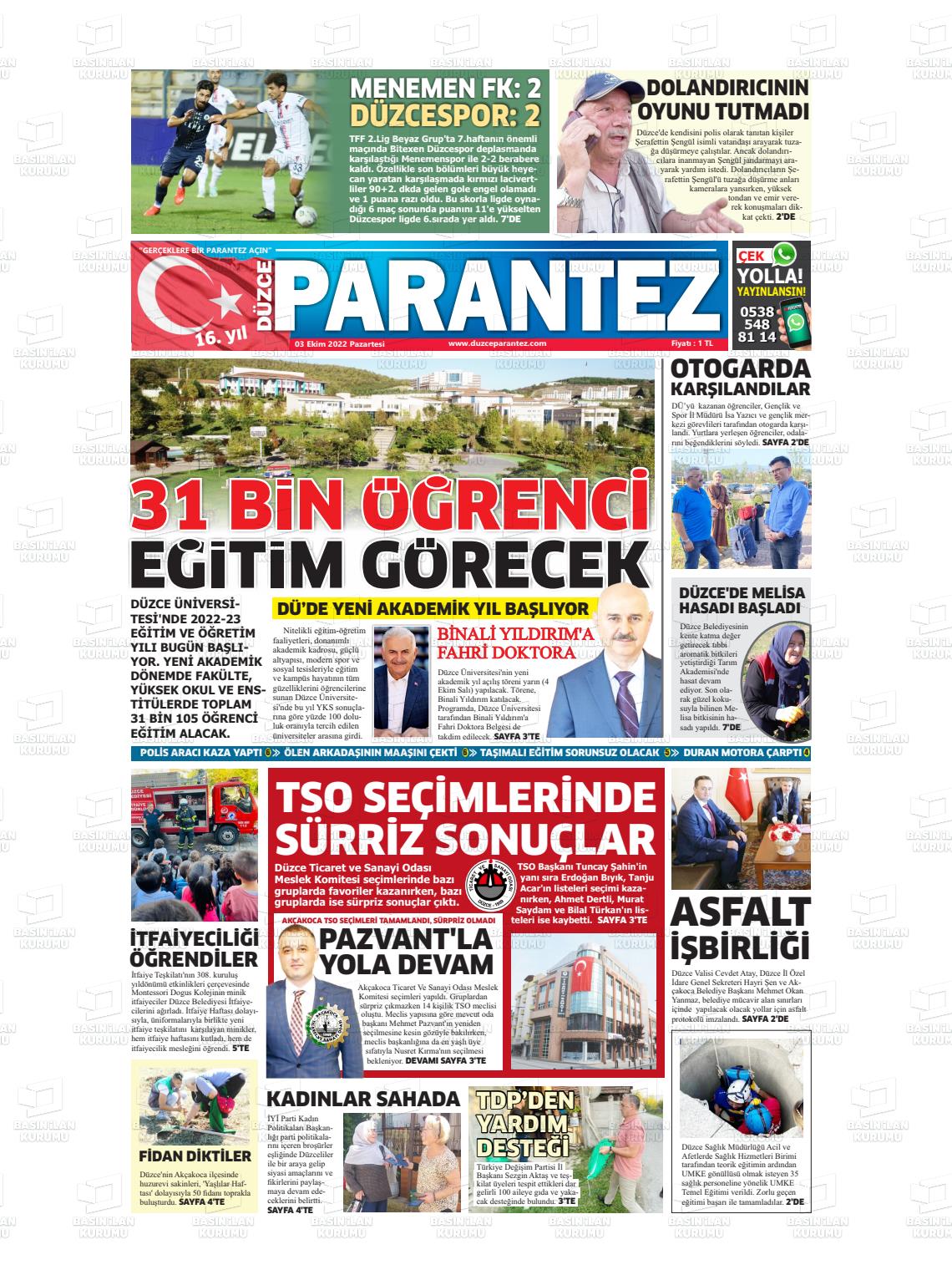03 Ekim 2022 Düzce Parantez Gazete Manşeti