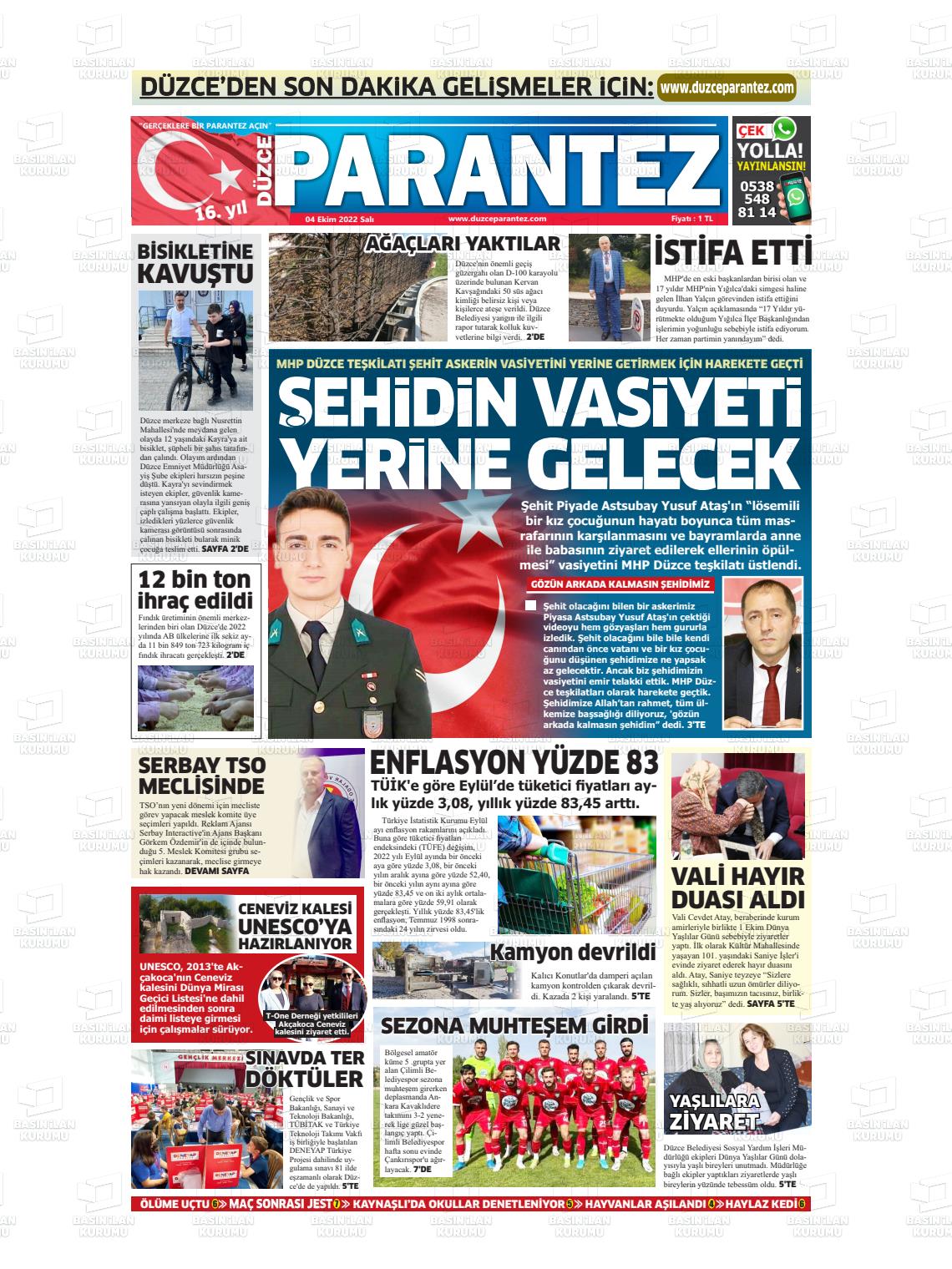 04 Ekim 2022 Düzce Parantez Gazete Manşeti