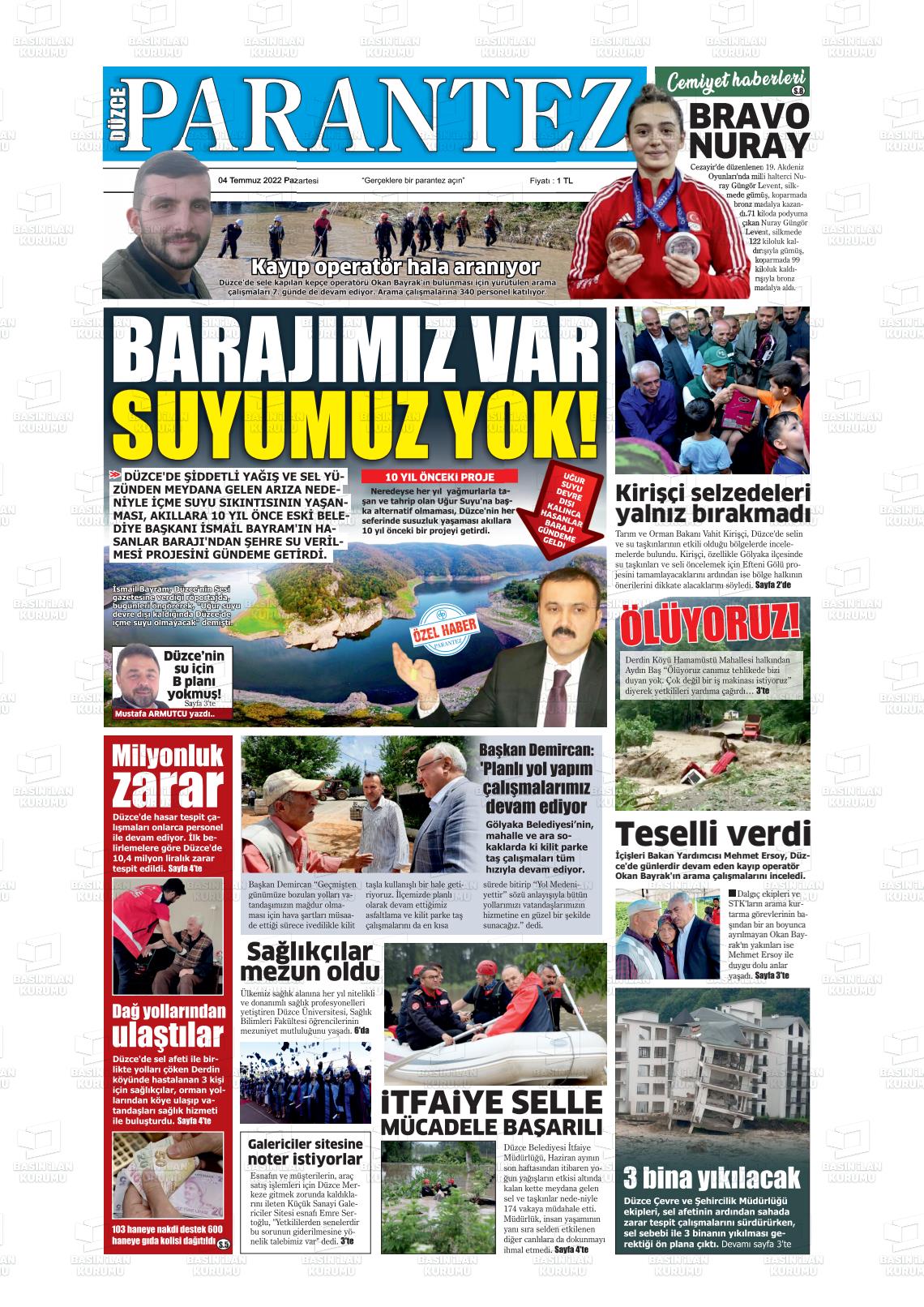 04 Temmuz 2022 Düzce Parantez Gazete Manşeti