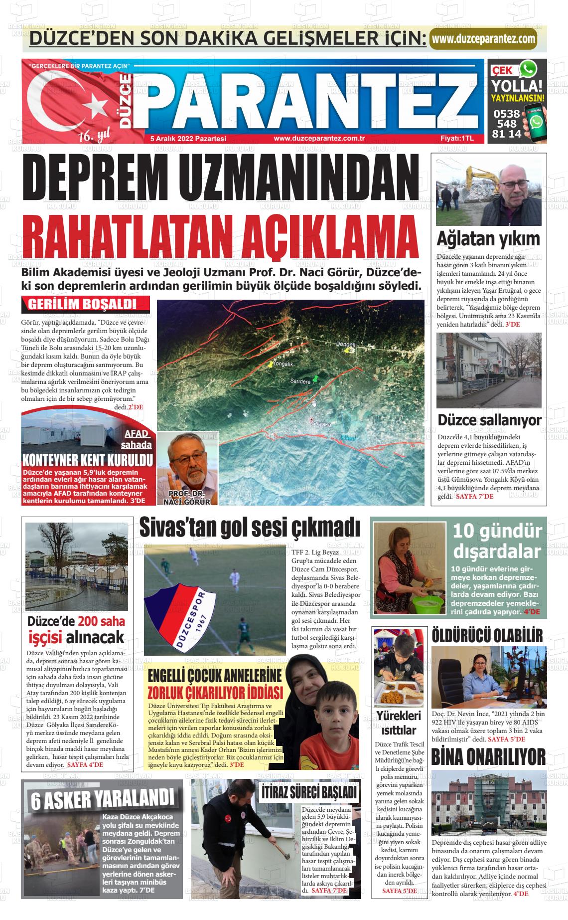 05 Aralık 2022 Düzce Parantez Gazete Manşeti