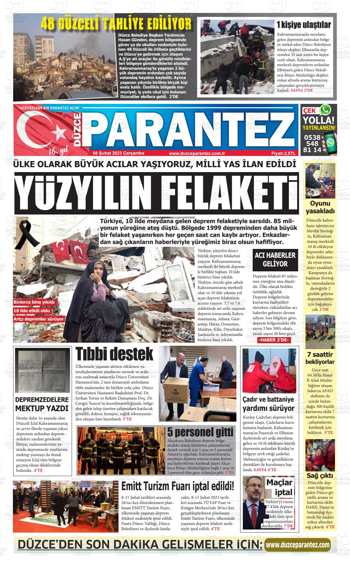 08 Şubat 2023 Düzce Parantez Gazete Manşeti