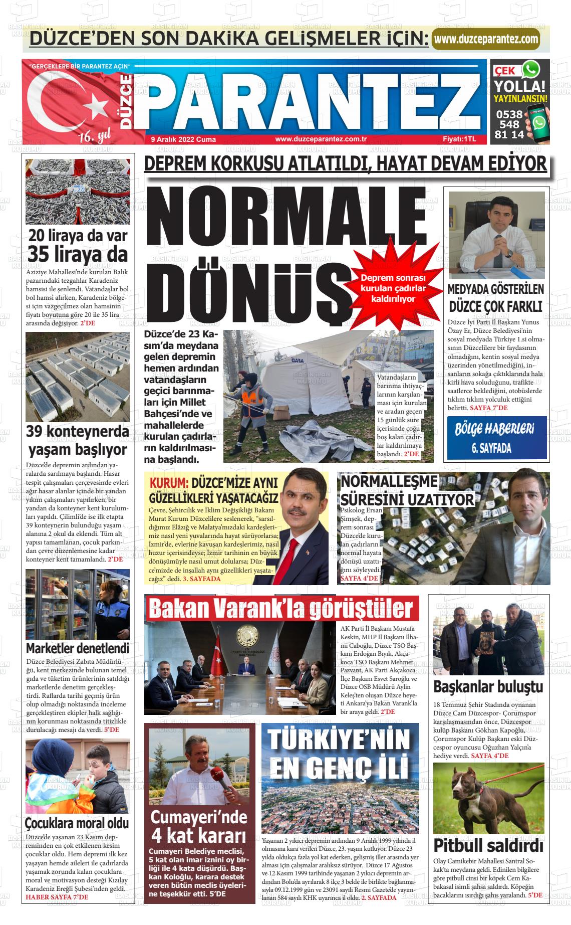 09 Aralık 2022 Düzce Parantez Gazete Manşeti