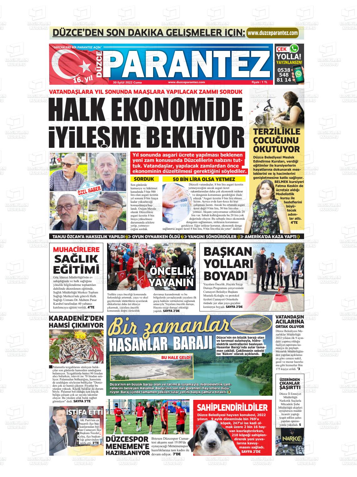 30 Eylül 2022 Düzce Parantez Gazete Manşeti