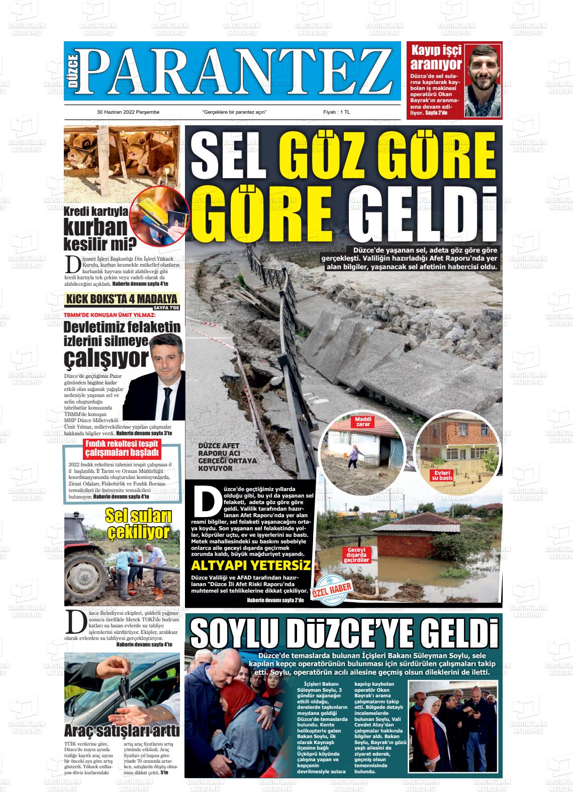 01 Temmuz 2022 Düzce Parantez Gazete Manşeti