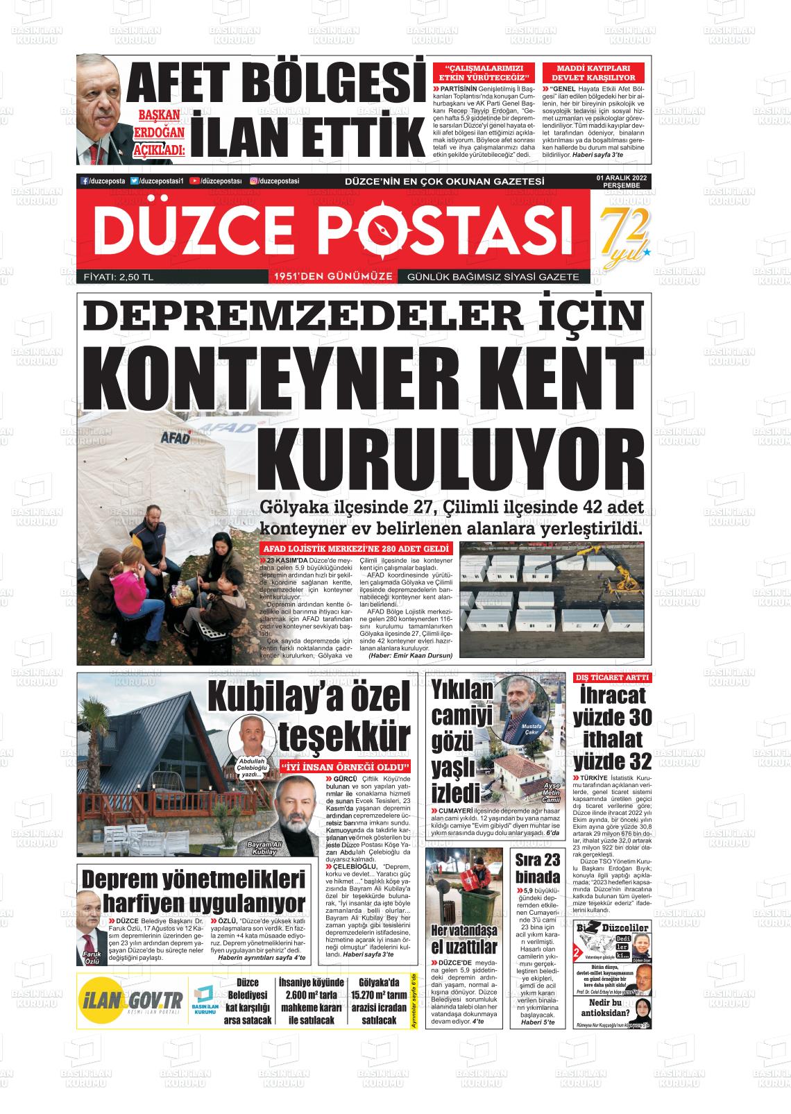 01 Aralık 2022 Düzce Postası Gazete Manşeti