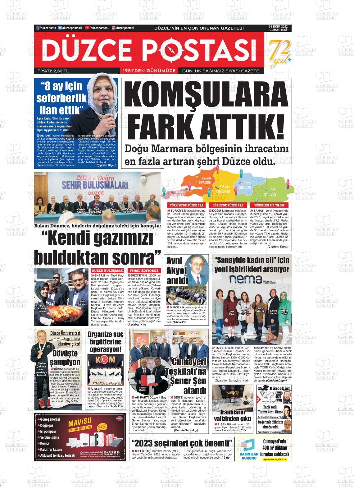 01 Ekim 2022 Düzce Postası Gazete Manşeti