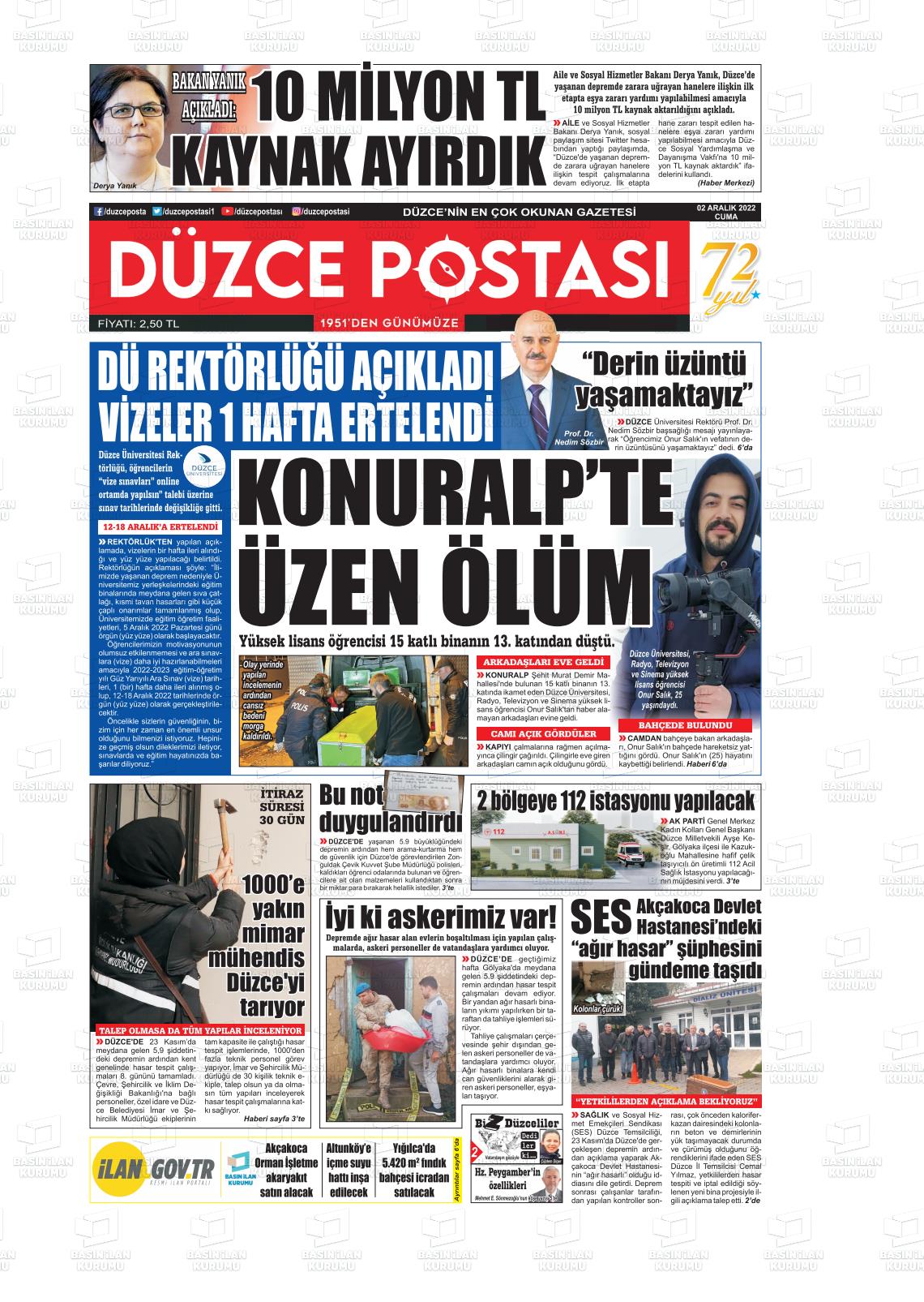 02 Aralık 2022 Düzce Postası Gazete Manşeti