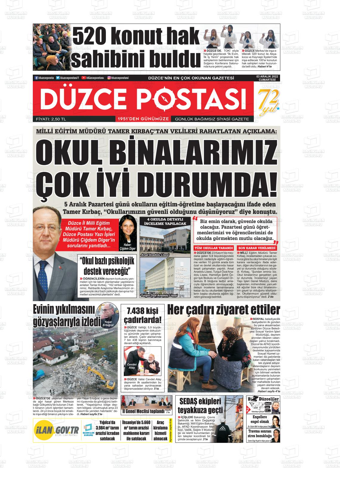 03 Aralık 2022 Düzce Postası Gazete Manşeti