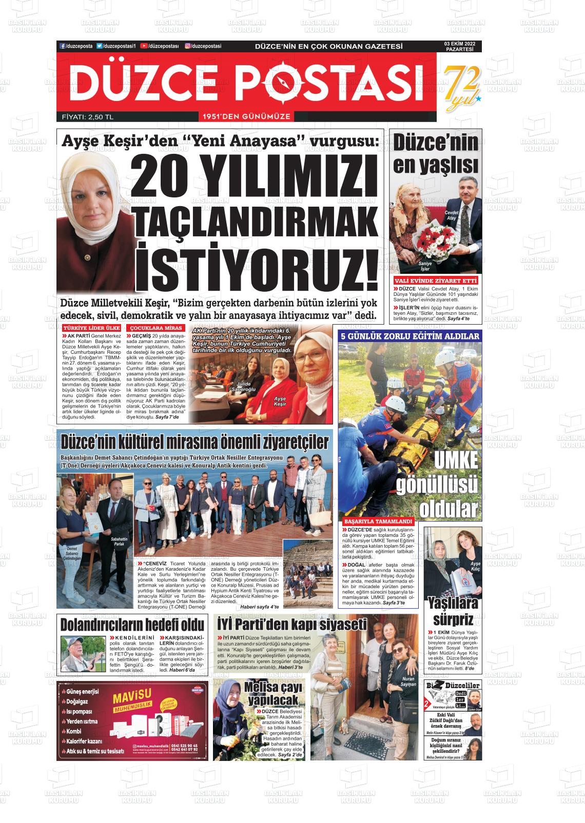 03 Ekim 2022 Düzce Postası Gazete Manşeti