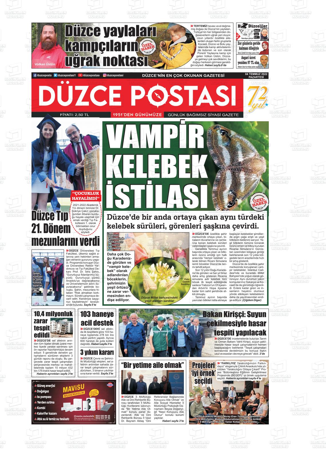04 Temmuz 2022 Düzce Postası Gazete Manşeti