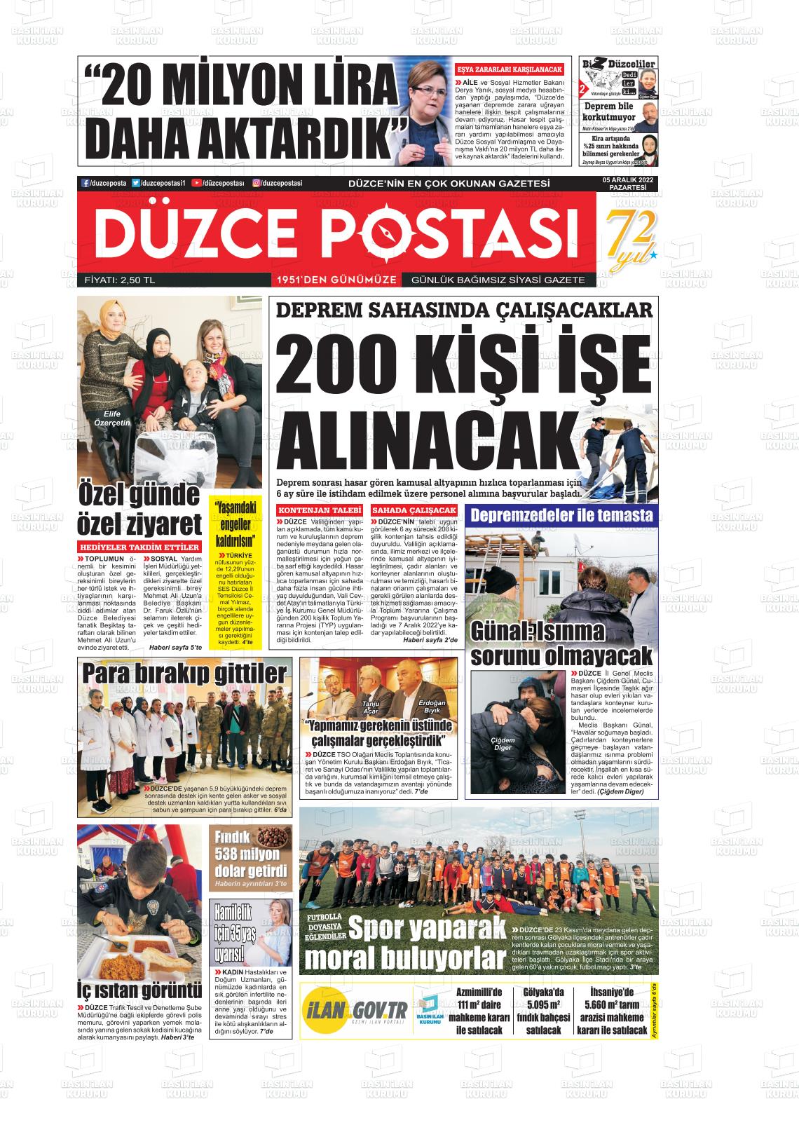 05 Aralık 2022 Düzce Postası Gazete Manşeti